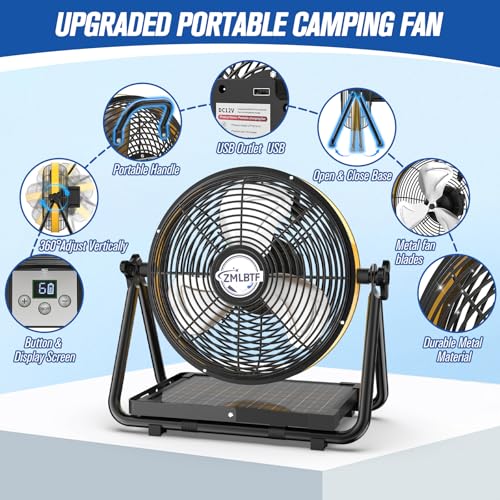 Solar Camping Fan with Metal Floor Stand and Adjustable Tilt