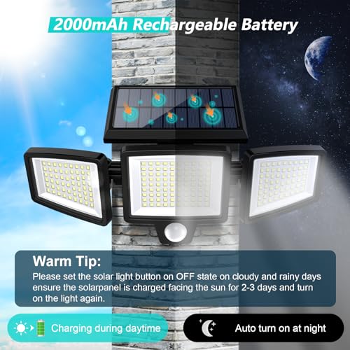 Solar Security Lights Outdoor with Motion Sensor and 3 Head LED Flood Lights