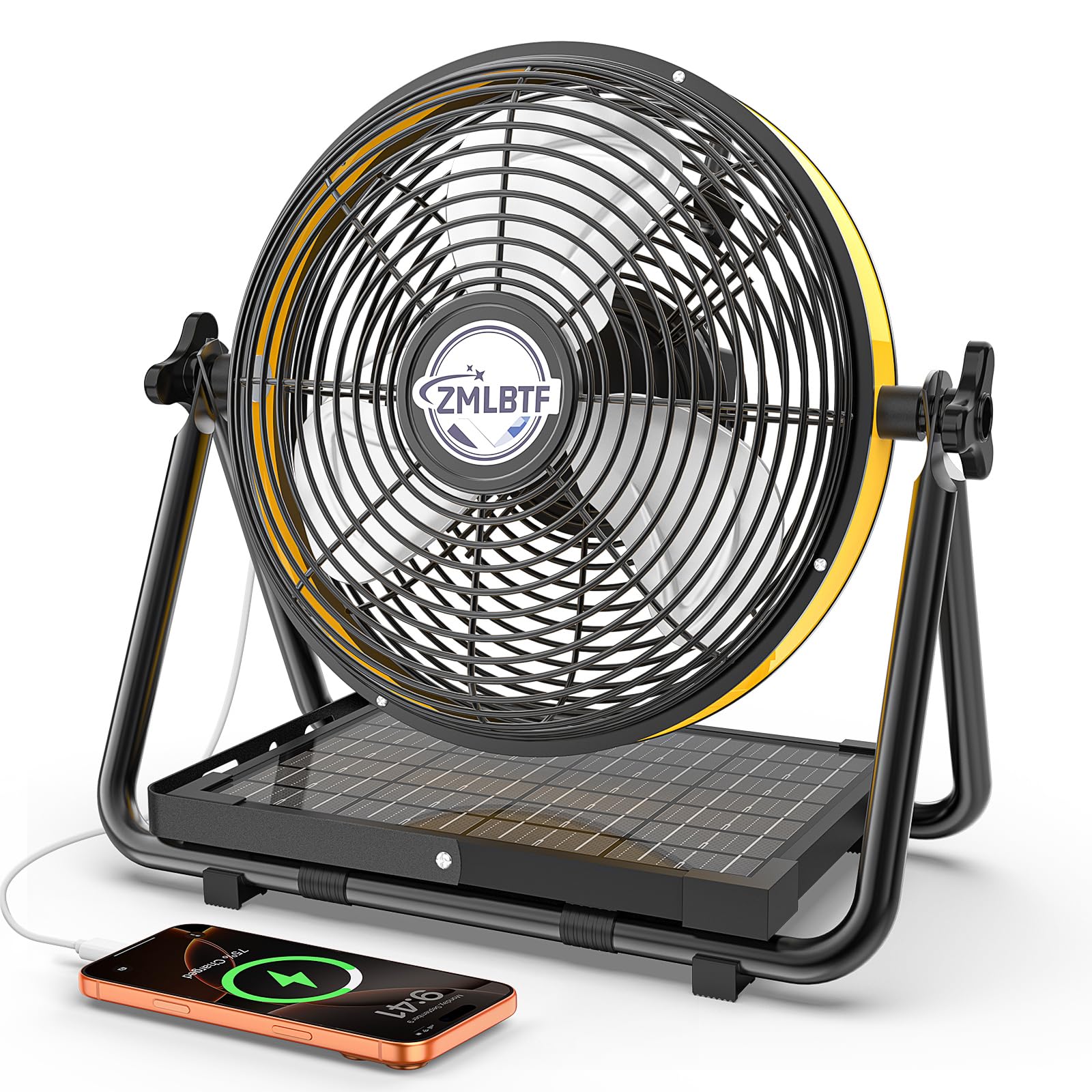 Solar Camping Fan with Metal Floor Stand and Adjustable Tilt