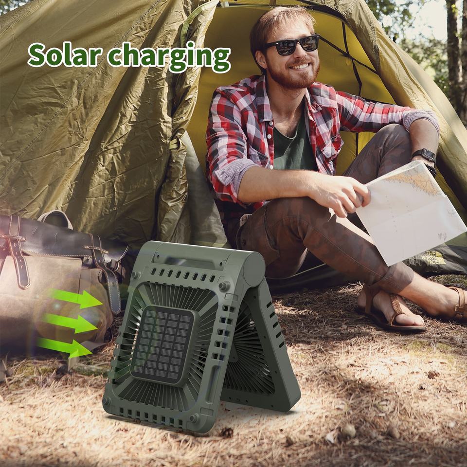 Solar Camping Fan with LED Lantern and Portable Rechargeable Cooling