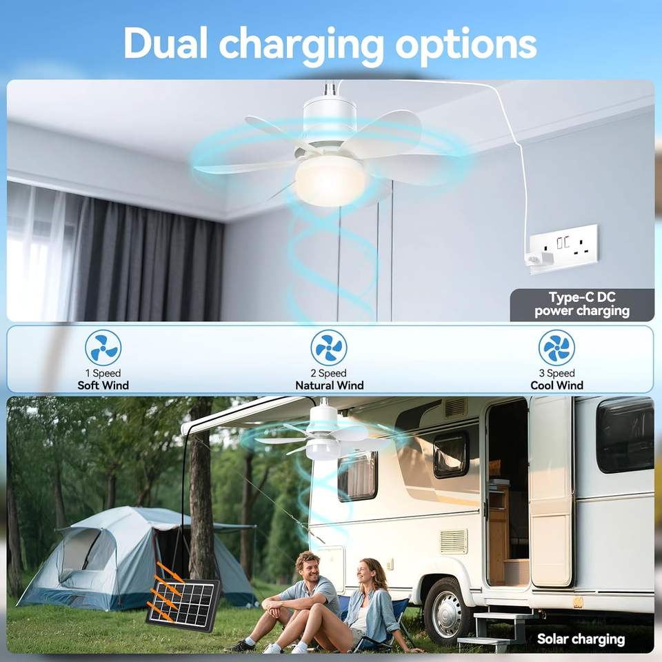Solar Ceiling Fan with LED Light and Remote Control for Outdoor Use