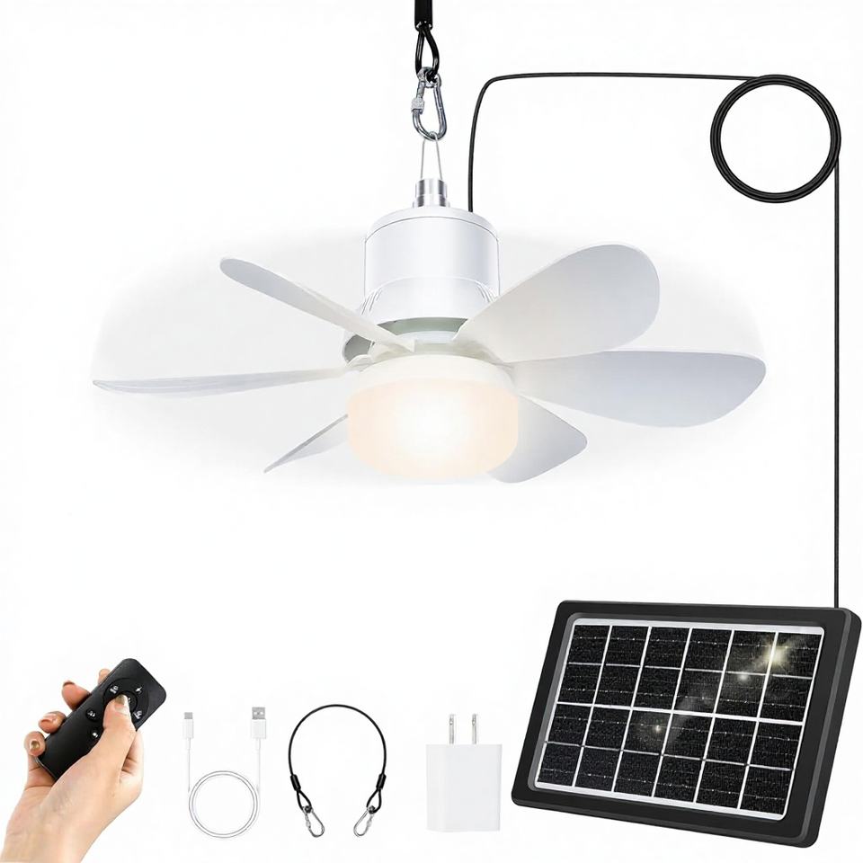 Solar Ceiling Fan with LED Light and Remote Control for Outdoor Use
