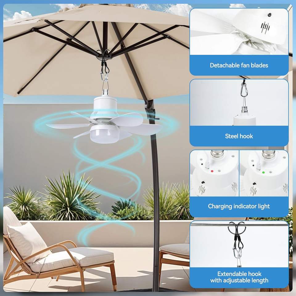 Solar Ceiling Fan with LED Light and Remote Control for Outdoor Use