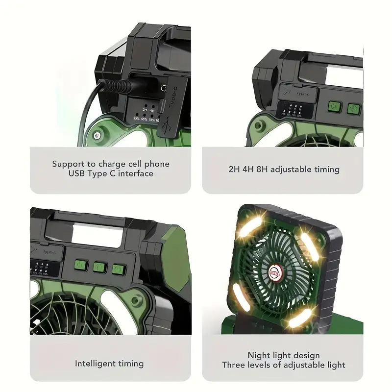 Solar Camping Fan with LED Light and Portable Outdoor Cooling