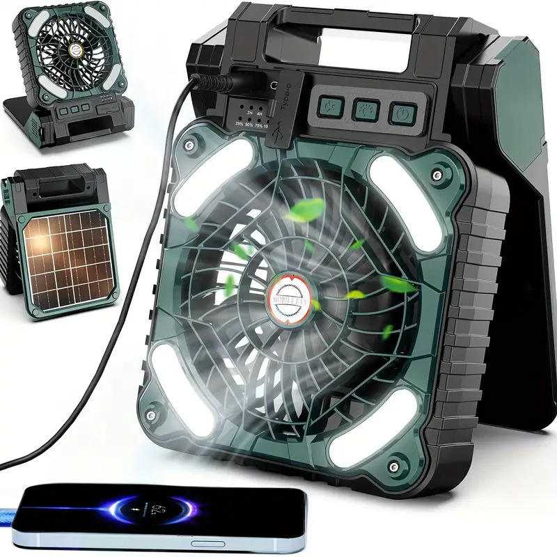 Solar Camping Fan with LED Light and Portable Outdoor Cooling