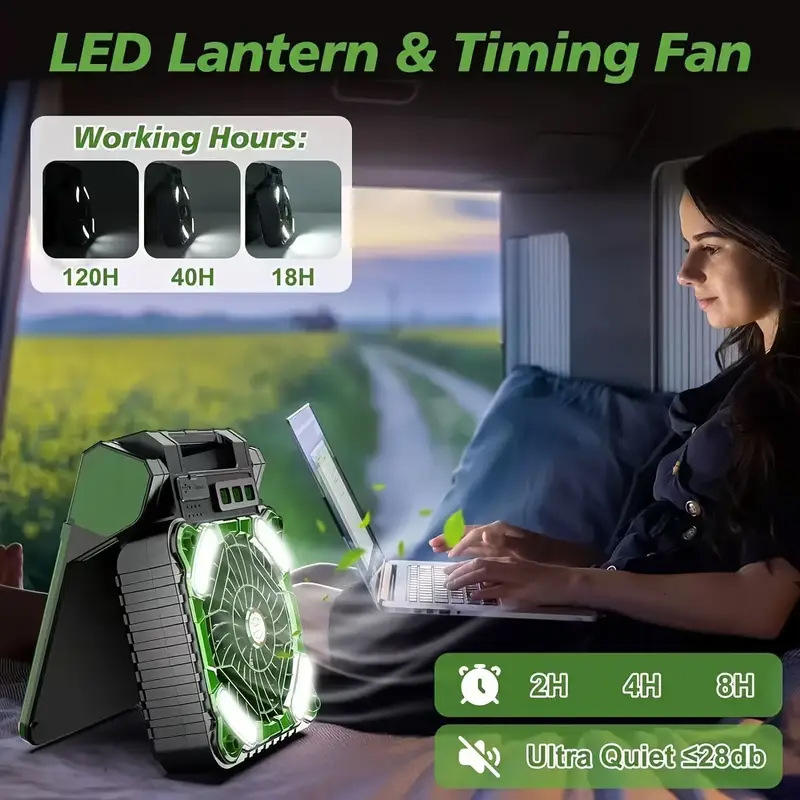 Solar Camping Fan with LED Light and Portable Outdoor Cooling