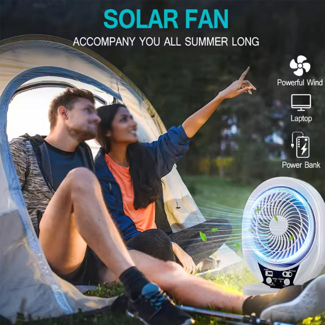 Solar Desk Fan with LED Light and Portable Table Cooling