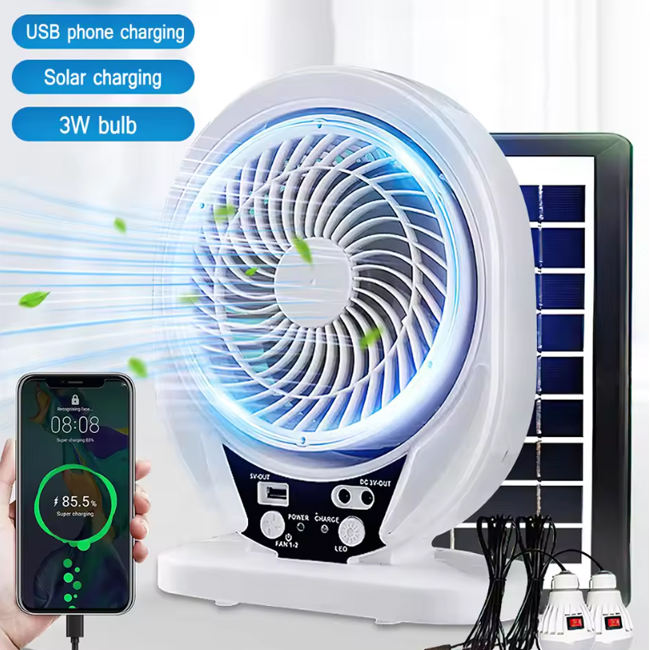 Solar Desk Fan with LED Light and Portable Table Cooling